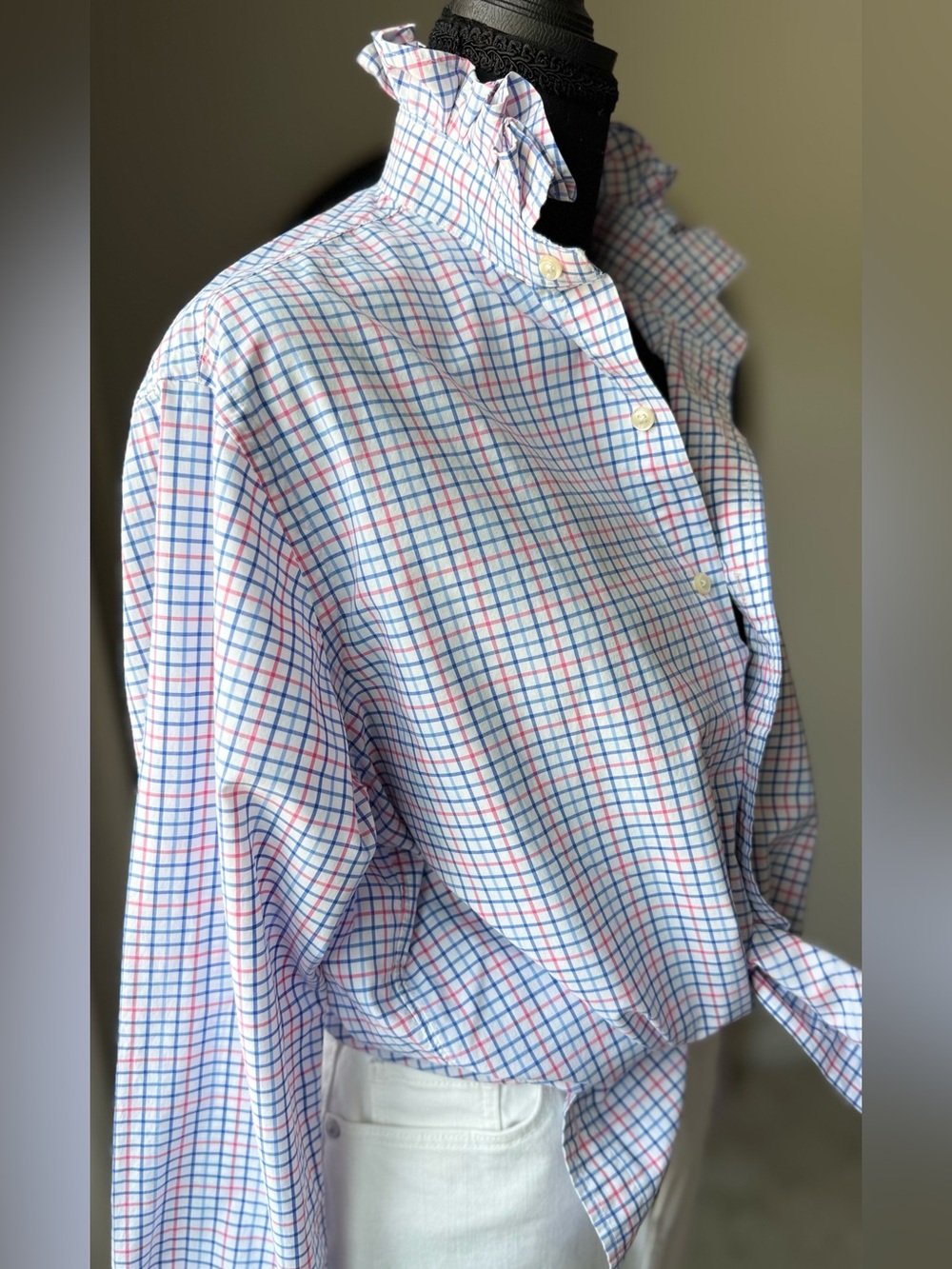 Pink and Blue Plaid Ruffle Blouse, Upcycled Polo Ralph Lauren Shirt  M/L